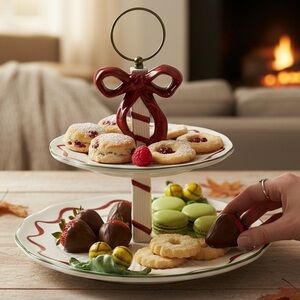 Noble Excellence Two-Tiered Holly Bells Ceramic Holiday Serving Dish